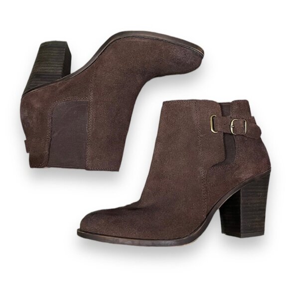 Lucky Brand Esperanza Suede Leather Block Stack Heel Ankle Boots Brown Size 7.5 - Picture 1 of 12